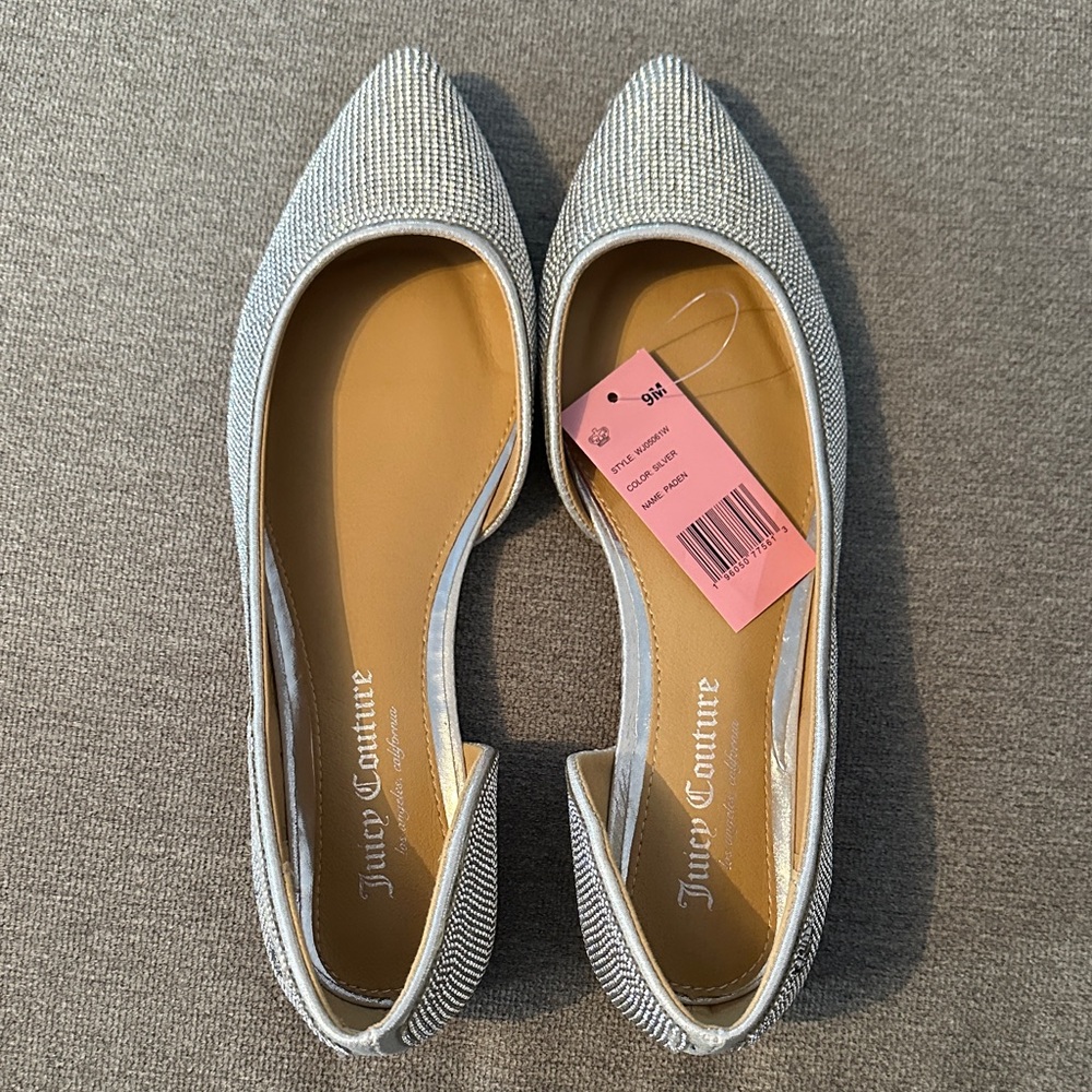 Juicy Couture Silver Rhinestone Embellished Slip-On Ballet Flats